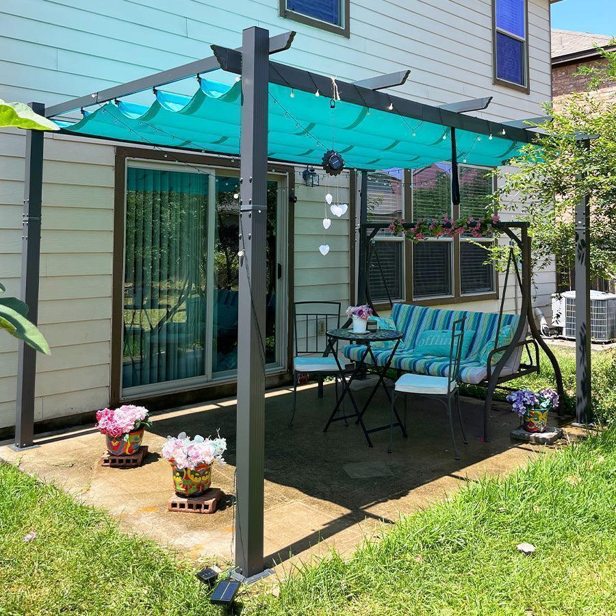 PURPLE LEAF Outdoor Pergola with Retractable Canopy Aluminum Shelter for Beach Porch Garden  Shade Pavilion Pergola  with Curtains