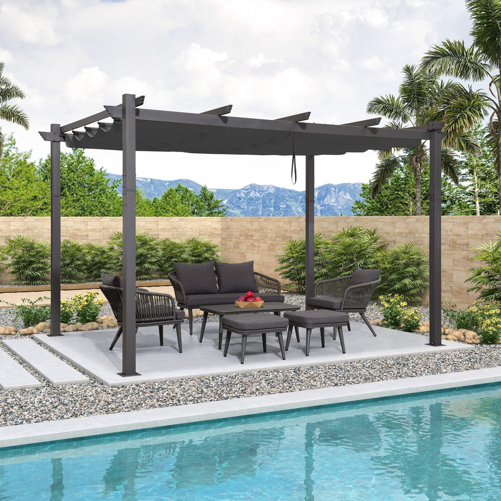 PURPLE LEAF Outdoor Pergola with Retractable Canopy Aluminum Shelter for Beach Porch Garden  Shade Pavilion Pergola  with Curtains