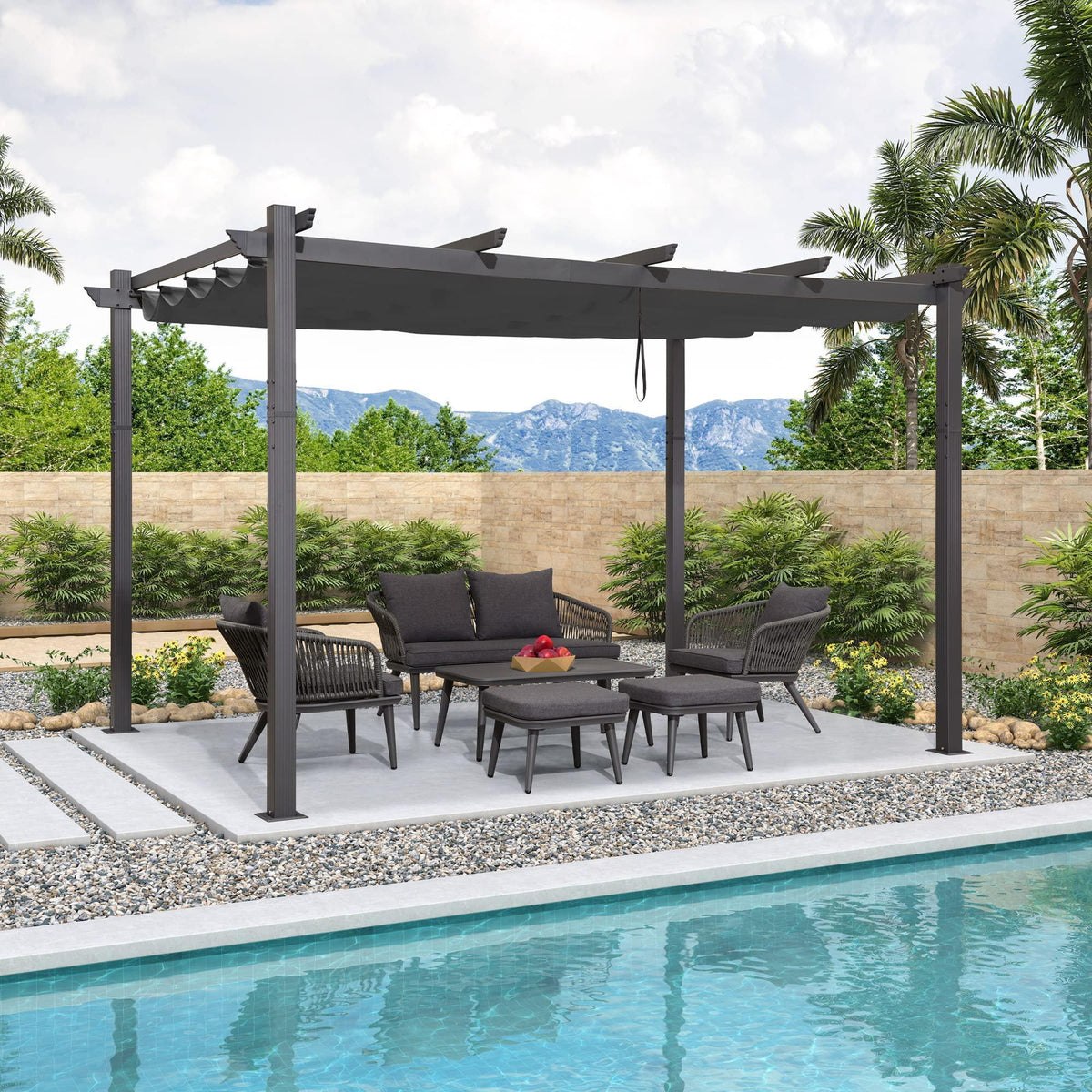PURPLE LEAF Outdoor Pergola with Retractable Canopy Aluminum Shelter for Beach Porch Garden  Shade Pavilion Pergola  with Curtains