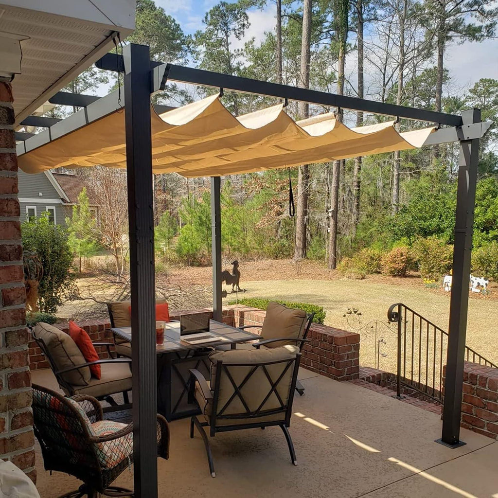PURPLE LEAF Outdoor Pergola with Retractable Canopy Aluminum Shelter for Beach Porch Garden  Shade Pavilion Pergola  with Curtains