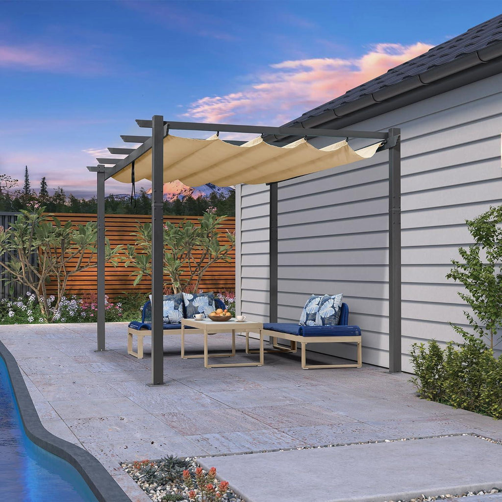 PURPLE LEAF Outdoor Pergola with Retractable Canopy Aluminum Shelter for Beach Porch Garden  Shade Pavilion Pergola  with Curtains