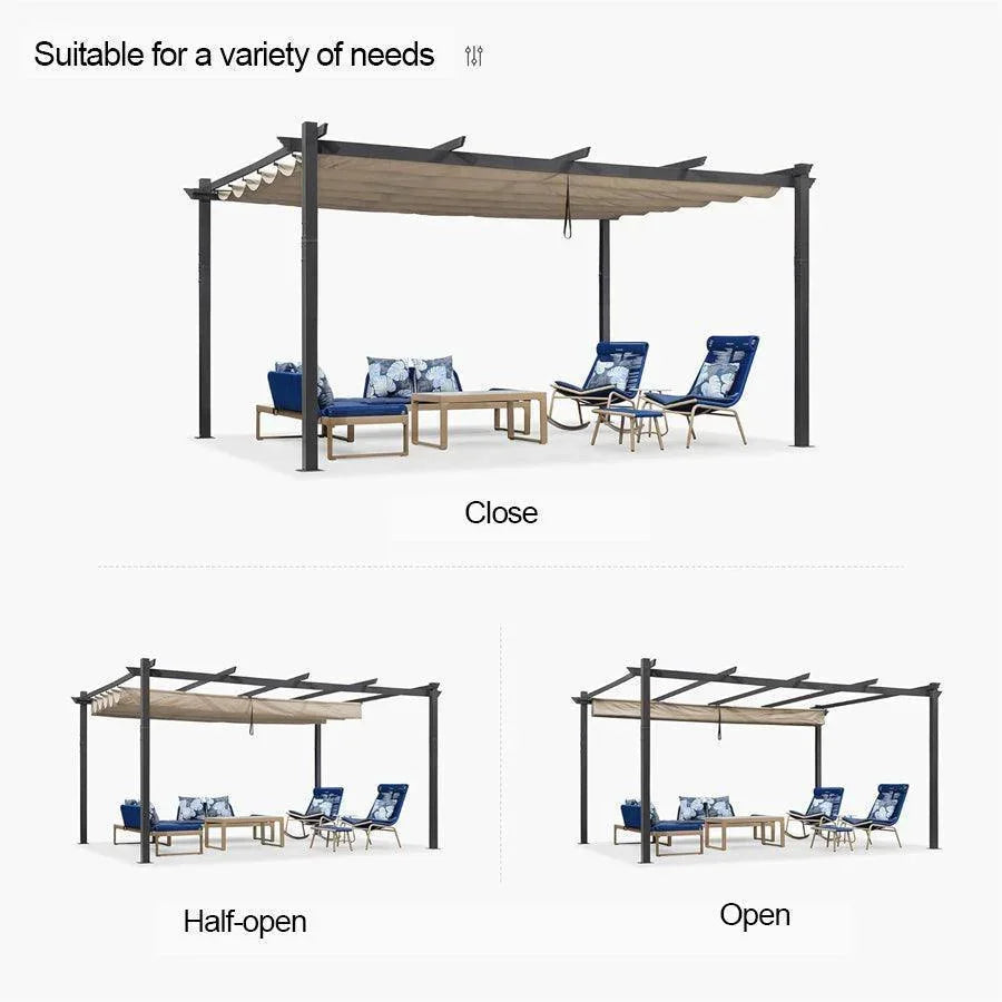 PURPLE LEAF Outdoor Pergola with Retractable Canopy Aluminum Shelter for Beach Porch Garden  Shade Pavilion Pergola  with Curtains