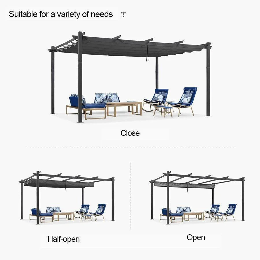 PURPLE LEAF Outdoor Pergola with Retractable Canopy Aluminum Shelter for Beach Porch Garden  Shade Pavilion Pergola  with Curtains