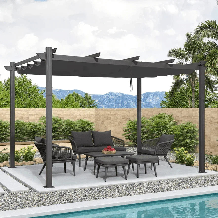 PURPLE LEAF Outdoor Pergola with Retractable Canopy Aluminum Shelter for Beach Porch Garden  Shade Pavilion Pergola  with Curtains