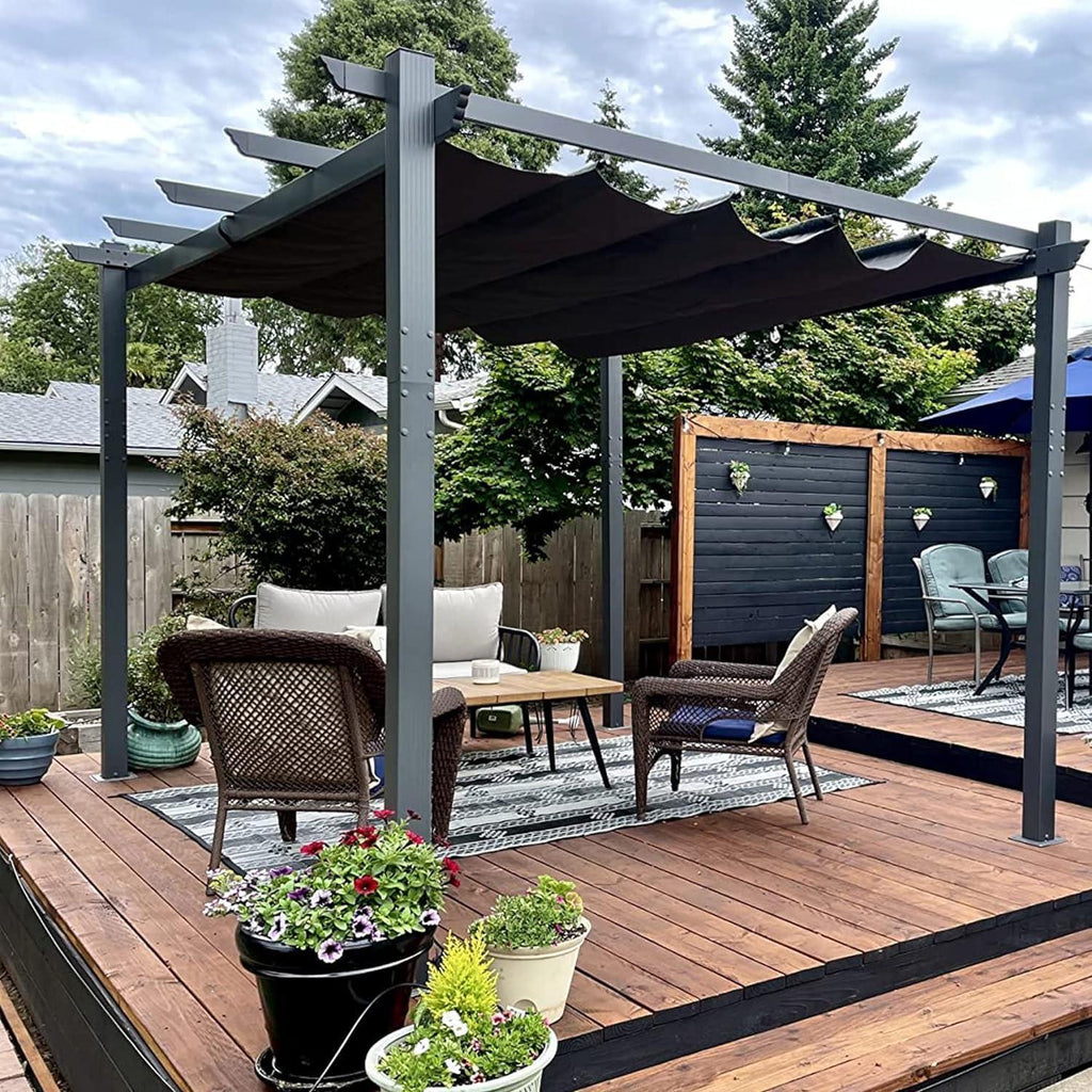 PURPLE LEAF Outdoor Pergola with Retractable Canopy Aluminum Shelter for Beach Porch Garden  Shade Pavilion Pergola  with Curtains