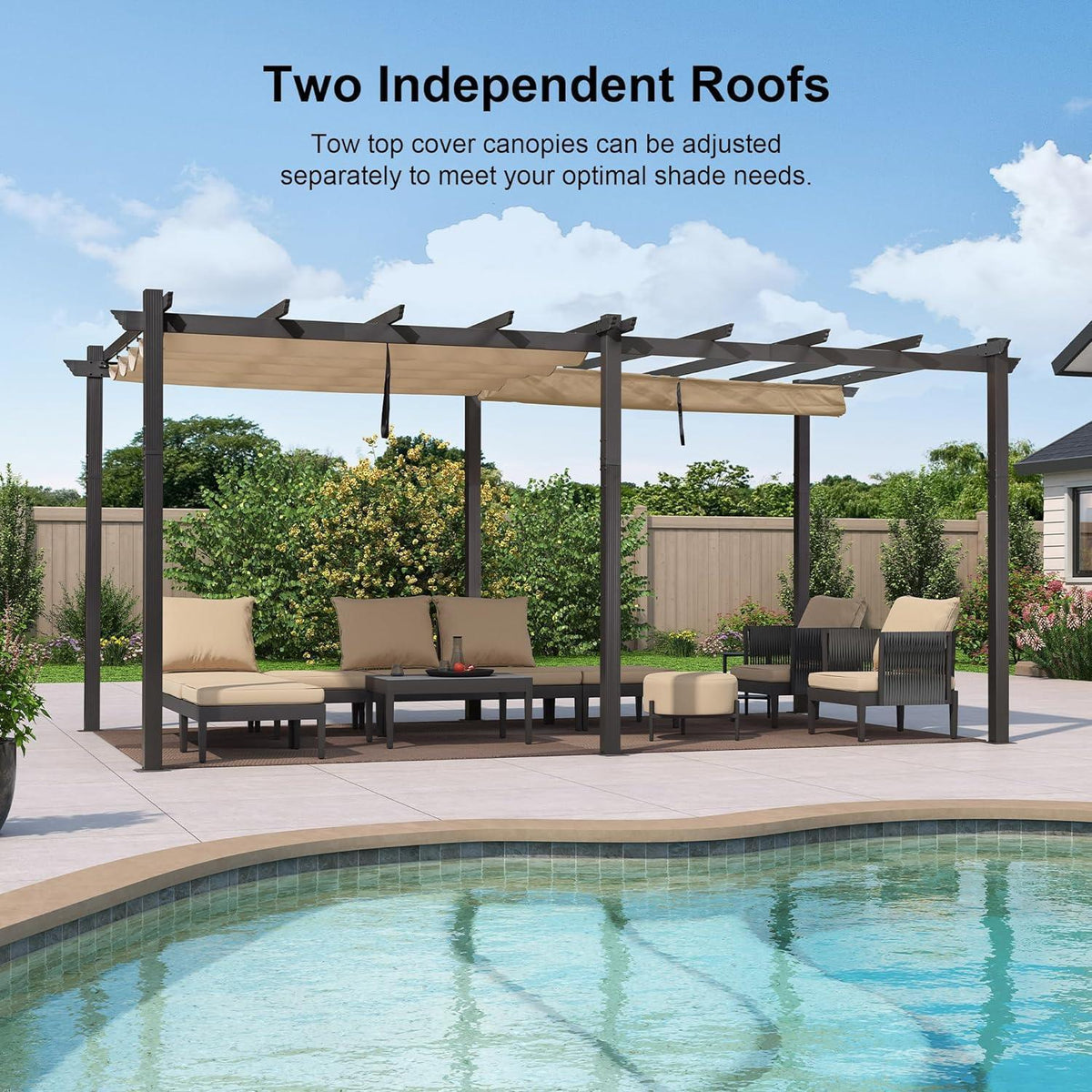 PURPLE LEAF Outdoor Pergola with Retractable Canopy Aluminum Shelter for Beach Porch Garden  Shade Pavilion Pergola  with Curtains