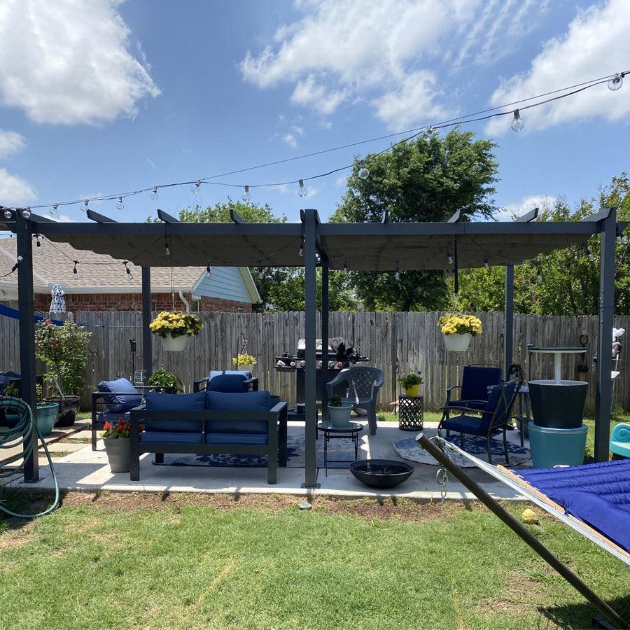PURPLE LEAF Outdoor Pergola with Retractable Canopy Aluminum Shelter for Beach Porch Garden  Shade Pavilion Pergola  with Curtains