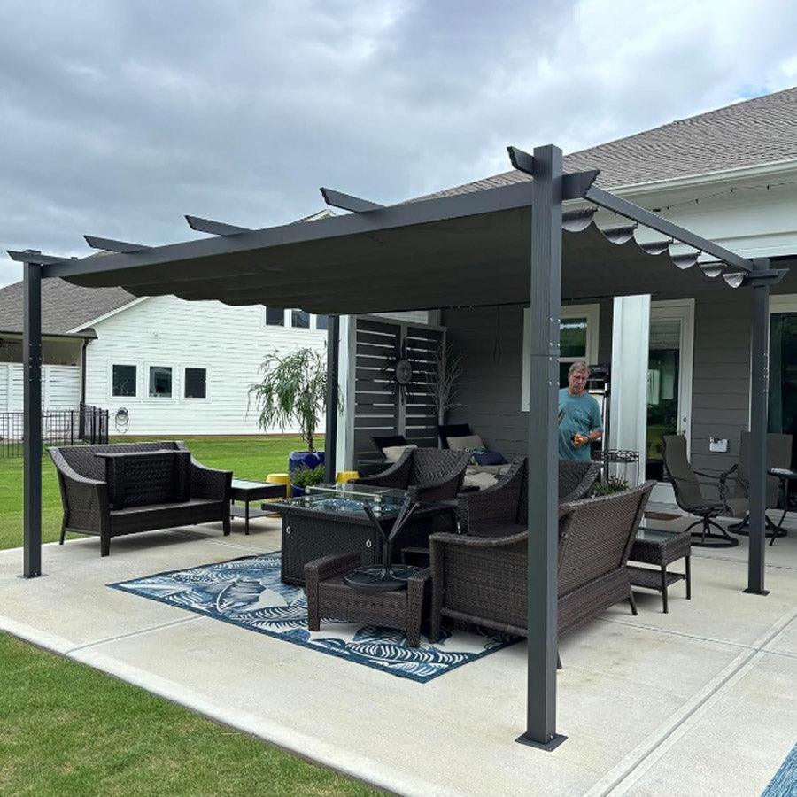 PURPLE LEAF Outdoor Pergola with Retractable Canopy Aluminum Shelter for Beach Porch Garden  Shade Pavilion Pergola  with Curtains