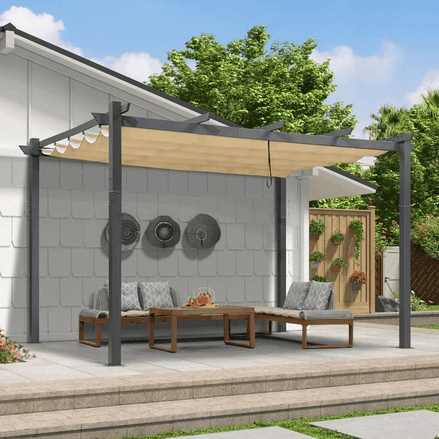PURPLE LEAF Outdoor Pergola with Retractable Canopy Aluminum Shelter for Beach Porch Garden  Shade Pavilion Pergola  with Curtains