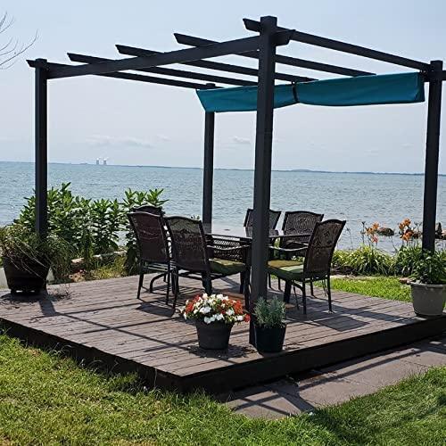 PURPLE LEAF Outdoor Pergola with Retractable Canopy Aluminum Shelter for Beach Porch Garden  Shade Pavilion Pergola  with Curtains
