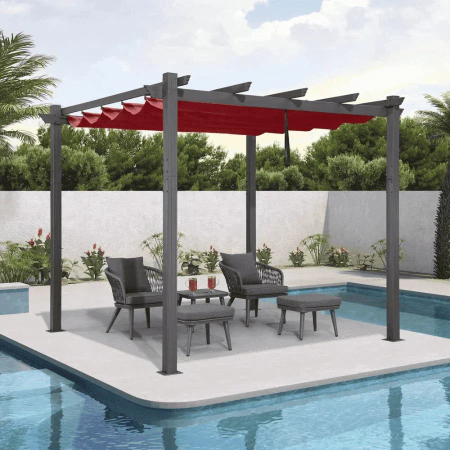 PURPLE LEAF Outdoor Pergola with Retractable Canopy Aluminum Shelter for Beach Porch Garden  Shade Pavilion Pergola  with Curtains