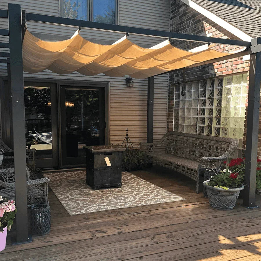 PURPLE LEAF Outdoor Pergola with Retractable Canopy Aluminum Shelter for Beach Porch Garden  Shade Pavilion Pergola  with Curtains