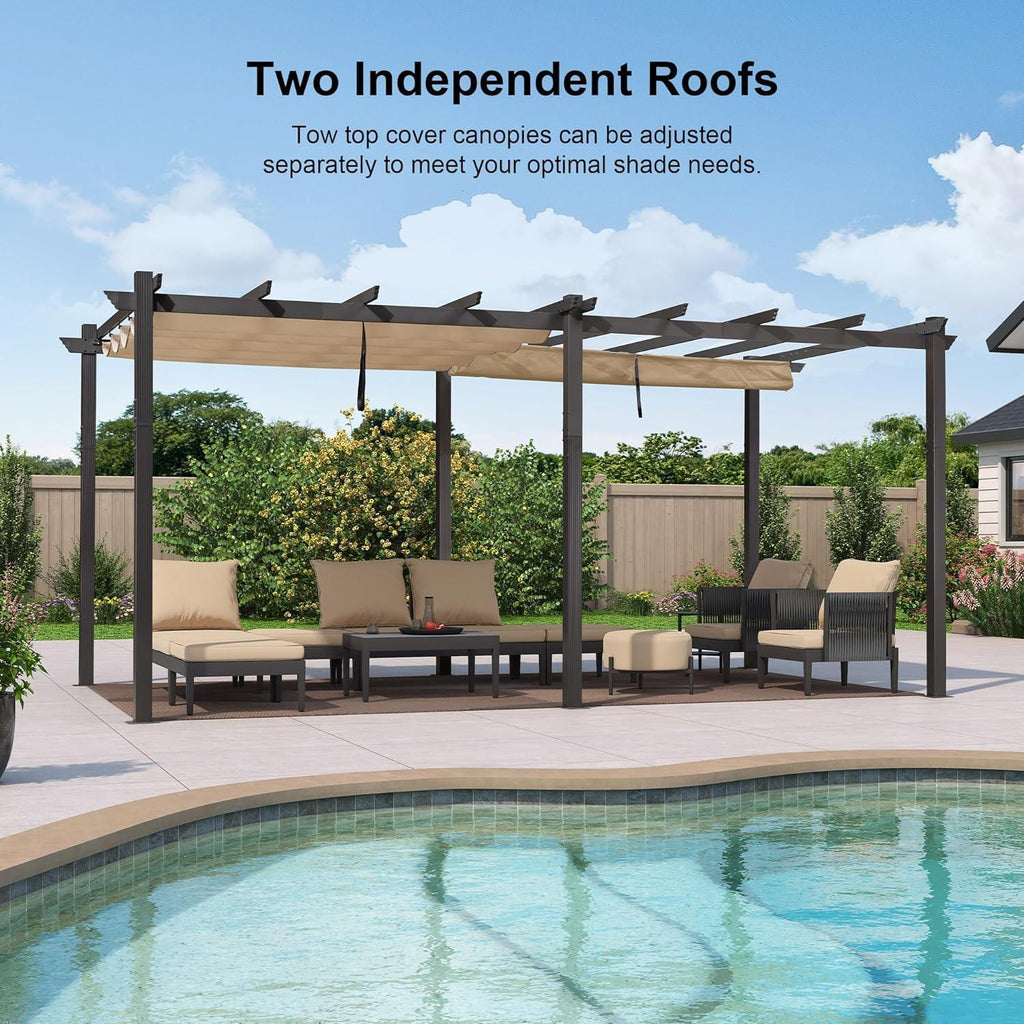 PURPLE LEAF Outdoor Pergola with Retractable Canopy Aluminum Shelter for Beach Porch Garden  Shade Pavilion Pergola  with Curtains