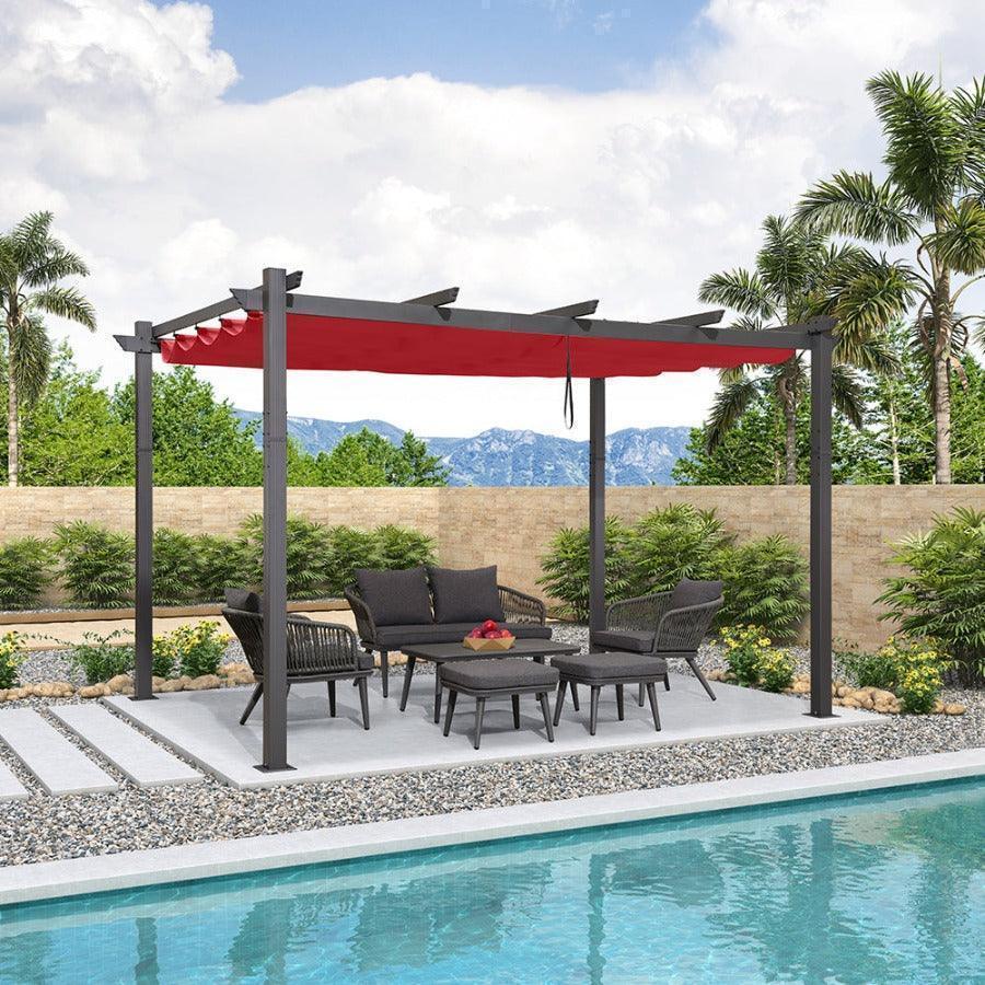 PURPLE LEAF Outdoor Pergola with Retractable Canopy Aluminum Shelter for Beach Porch Garden  Shade Pavilion Pergola  with Curtains