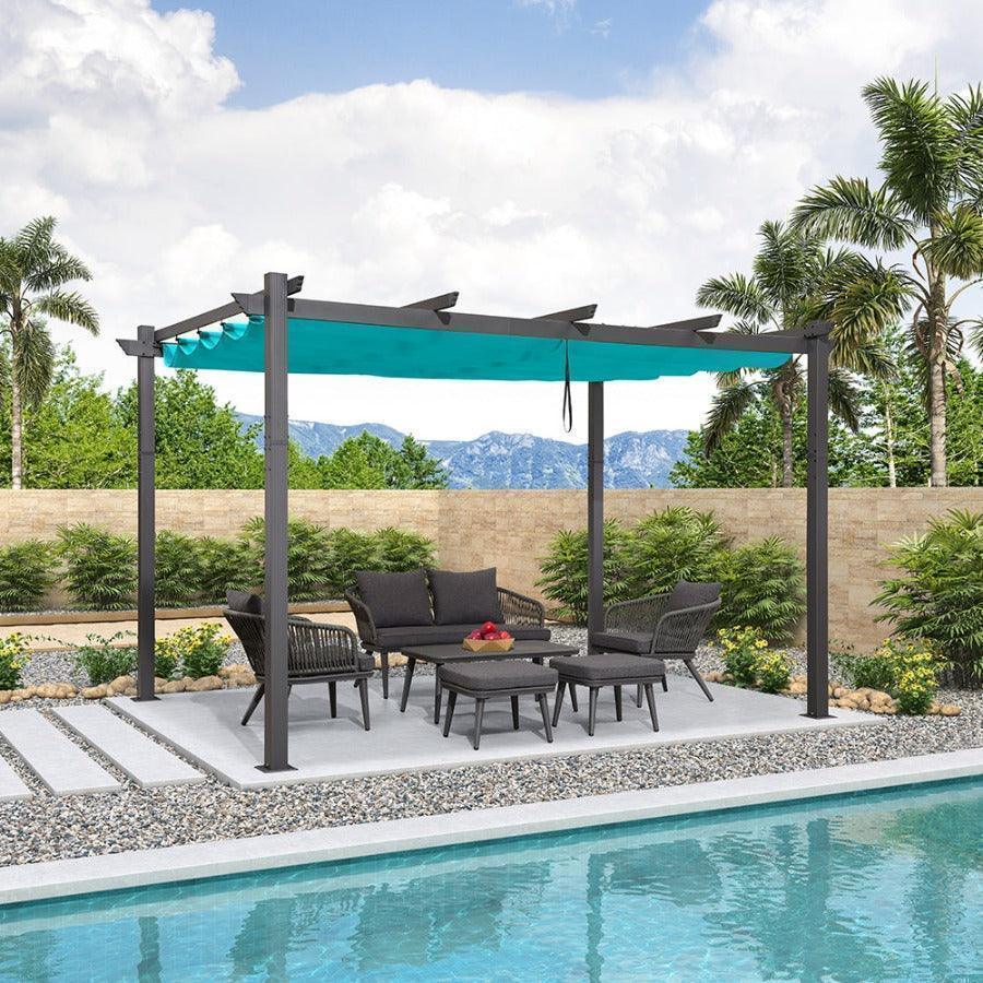 PURPLE LEAF Outdoor Pergola with Retractable Canopy Aluminum Shelter for Beach Porch Garden  Shade Pavilion Pergola  with Curtains