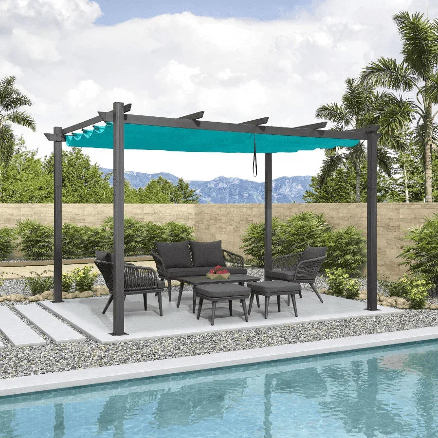 PURPLE LEAF Outdoor Pergola with Retractable Canopy Aluminum Shelter for Beach Porch Garden  Shade Pavilion Pergola  with Curtains