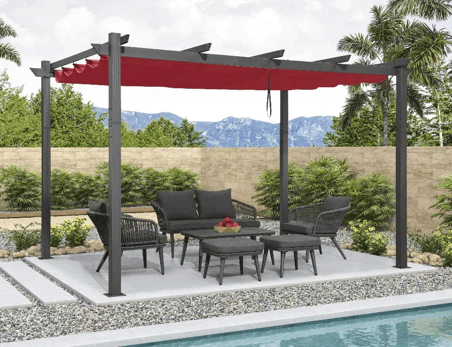 PURPLE LEAF Outdoor Pergola with Retractable Canopy Aluminum Shelter for Beach Porch Garden  Shade Pavilion Pergola  with Curtains