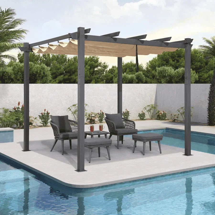 PURPLE LEAF Outdoor Pergola with Retractable Canopy Aluminum Shelter for Beach Porch Garden  Shade Pavilion Pergola  with Curtains