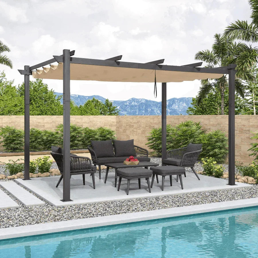 PURPLE LEAF Outdoor Pergola with Retractable Canopy Aluminum Shelter for Beach Porch Garden  Shade Pavilion Pergola  with Curtains
