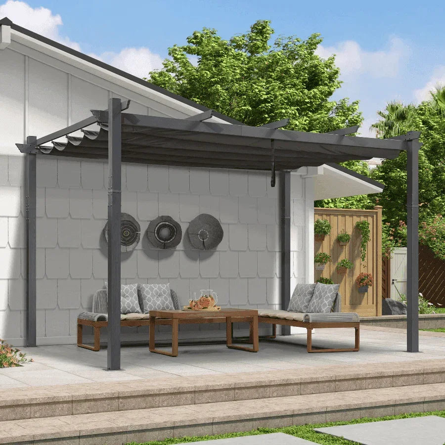 PURPLE LEAF Outdoor Pergola with Retractable Canopy Aluminum Shelter for Beach Porch Garden  Shade Pavilion Pergola  with Curtains