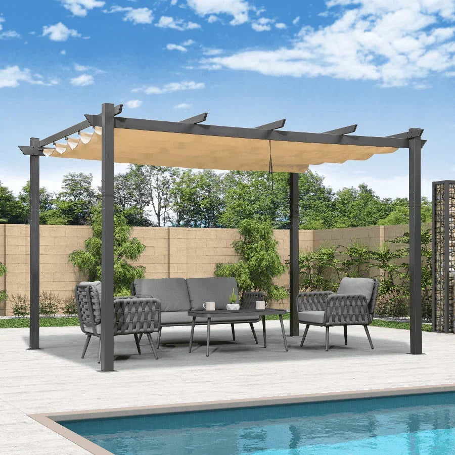 PURPLE LEAF Outdoor Pergola with Retractable Canopy Aluminum Shelter for Beach Porch Garden  Shade Pavilion Pergola  with Curtains