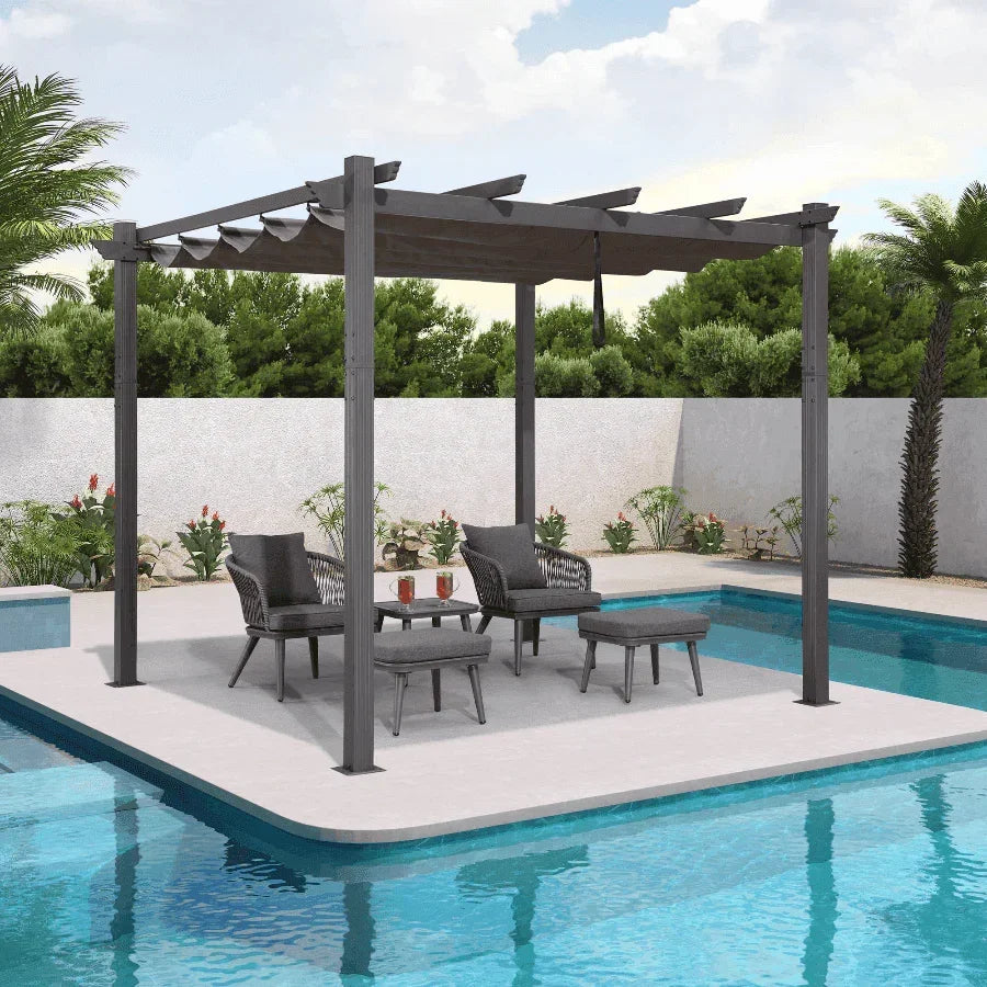PURPLE LEAF Outdoor Pergola with Retractable Canopy Aluminum Shelter for Beach Porch Garden  Shade Pavilion Pergola  with Curtains