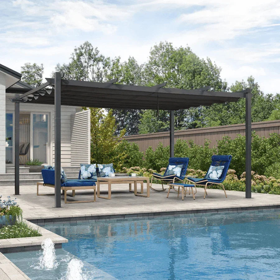 PURPLE LEAF Outdoor Pergola with Retractable Canopy Aluminum Shelter for Beach Porch Garden  Shade Pavilion Pergola  with Curtains