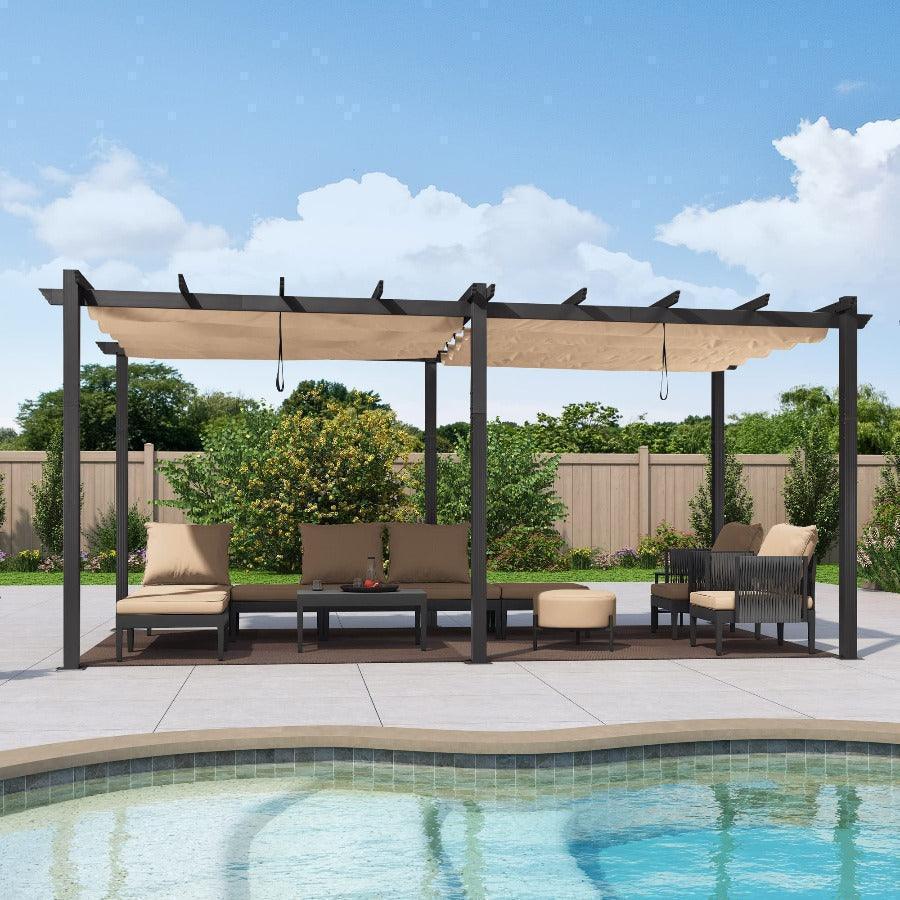 PURPLE LEAF Outdoor Pergola with Retractable Canopy Aluminum Shelter for Beach Porch Garden  Shade Pavilion Pergola  with Curtains
