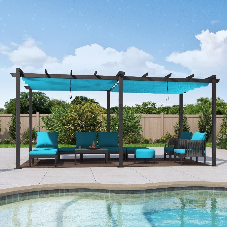 PURPLE LEAF Outdoor Pergola with Retractable Canopy Aluminum Shelter for Beach Porch Garden  Shade Pavilion Pergola  with Curtains