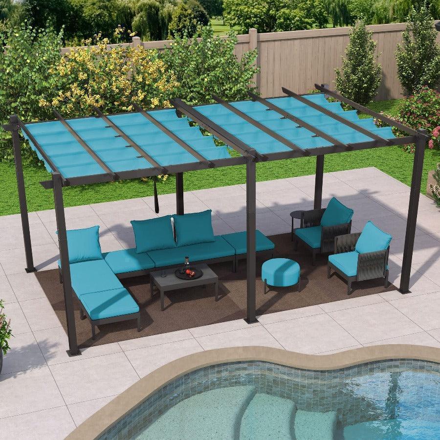 PURPLE LEAF Outdoor Pergola with Retractable Canopy Aluminum Shelter for Beach Porch Garden  Shade Pavilion Pergola  with Curtains