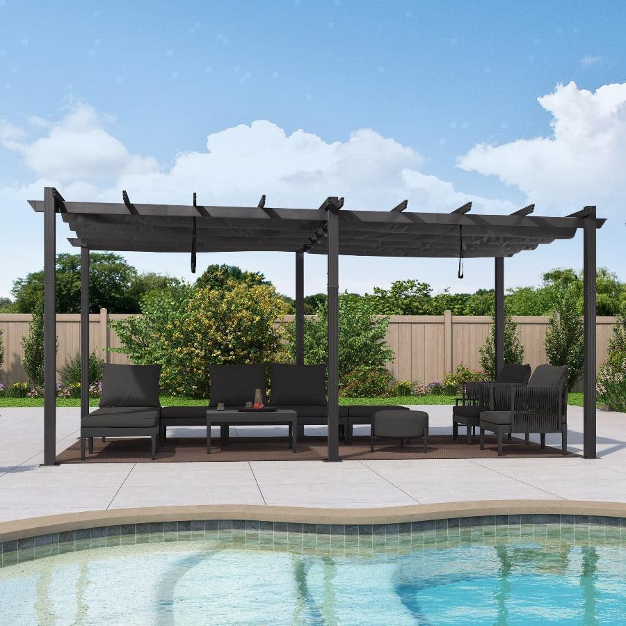 PURPLE LEAF Outdoor Pergola with Retractable Canopy Aluminum Shelter for Beach Porch Garden  Shade Pavilion Pergola  with Curtains