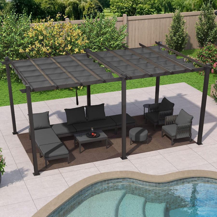 PURPLE LEAF Outdoor Pergola with Retractable Canopy Aluminum Shelter for Beach Porch Garden  Shade Pavilion Pergola  with Curtains