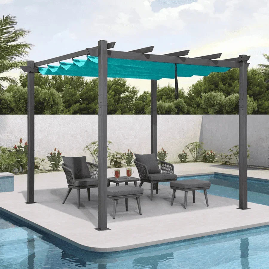 PURPLE LEAF Outdoor Pergola with Retractable Canopy Aluminum Shelter for Beach Porch Garden  Shade Pavilion Pergola  with Curtains