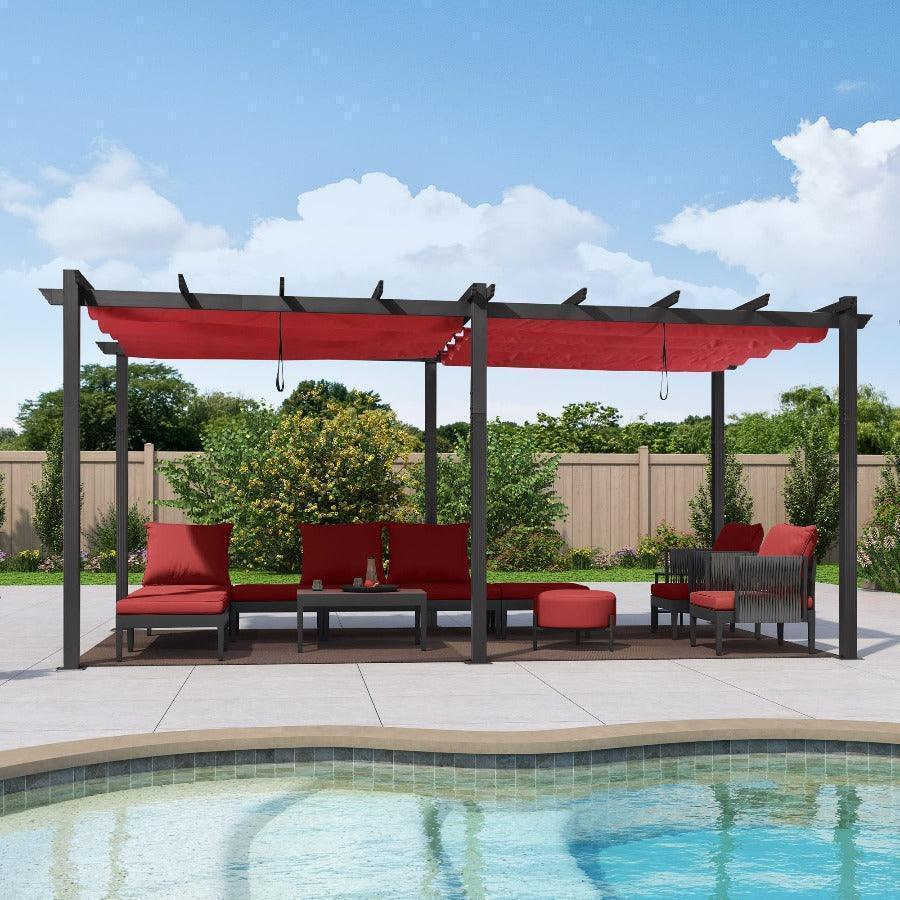 PURPLE LEAF Outdoor Pergola with Retractable Canopy Aluminum Shelter for Beach Porch Garden  Shade Pavilion Pergola  with Curtains