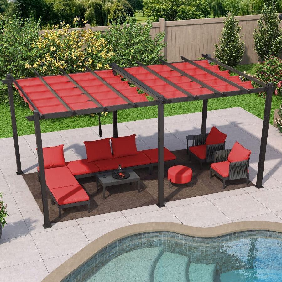 PURPLE LEAF Outdoor Pergola with Retractable Canopy Aluminum Shelter for Beach Porch Garden  Shade Pavilion Pergola  with Curtains