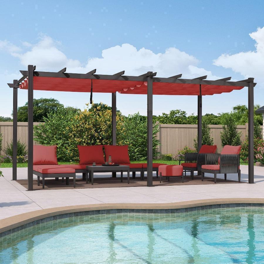PURPLE LEAF Outdoor Pergola with Retractable Canopy Aluminum Shelter for Beach Porch Garden  Shade Pavilion Pergola  with Curtains
