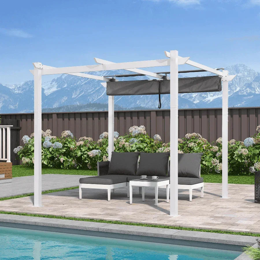 PURPLE LEAF Outdoor Retractable Pergola with Double Sun Shade Canopy White Heavy-Duty Aluminum Pergola Patio Modern Pergola With Curtains