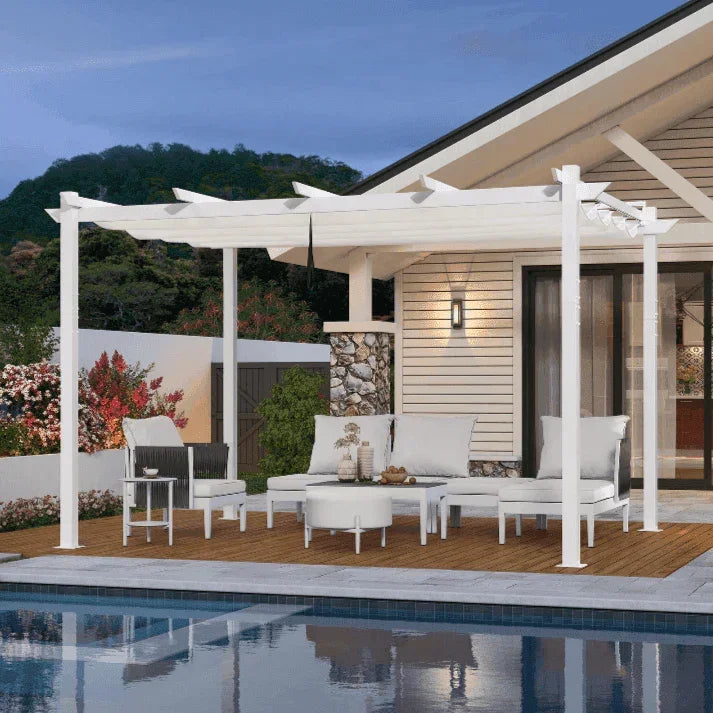 PURPLE LEAF Outdoor Retractable Pergola with Double Sun Shade Canopy White Heavy-Duty Aluminum Pergola Patio Modern Pergola With Curtains