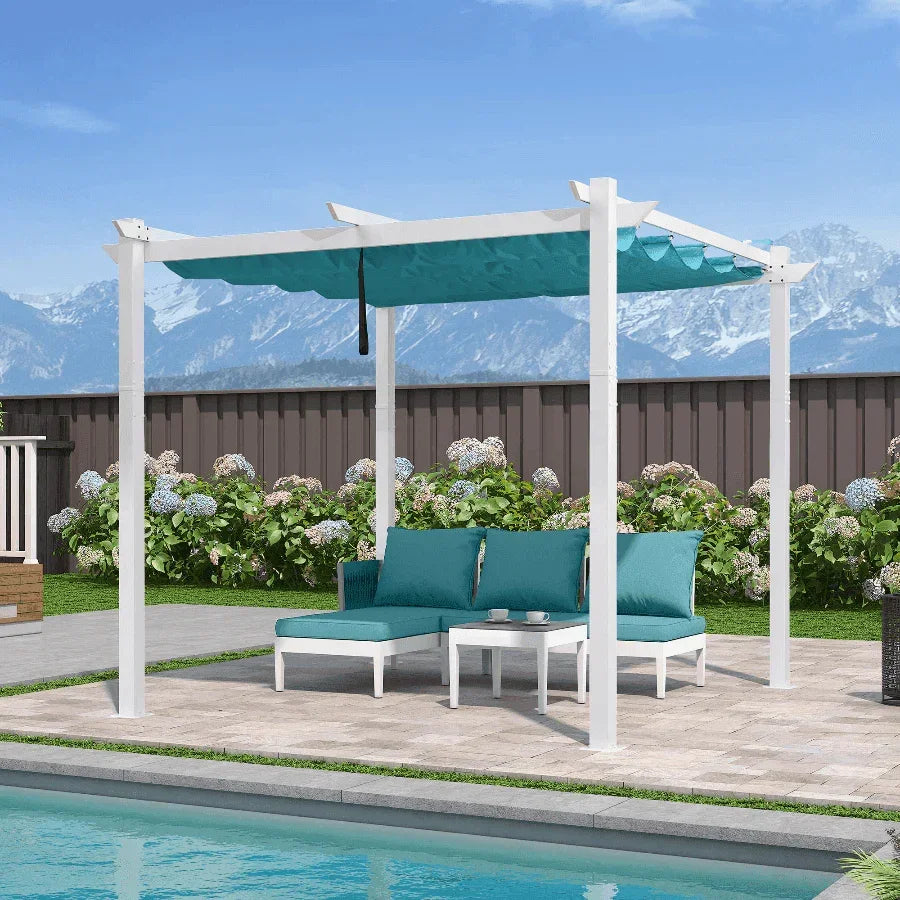 PURPLE LEAF Outdoor Retractable Pergola with Double Sun Shade Canopy White Heavy-Duty Aluminum Pergola Patio Modern Pergola With Curtains