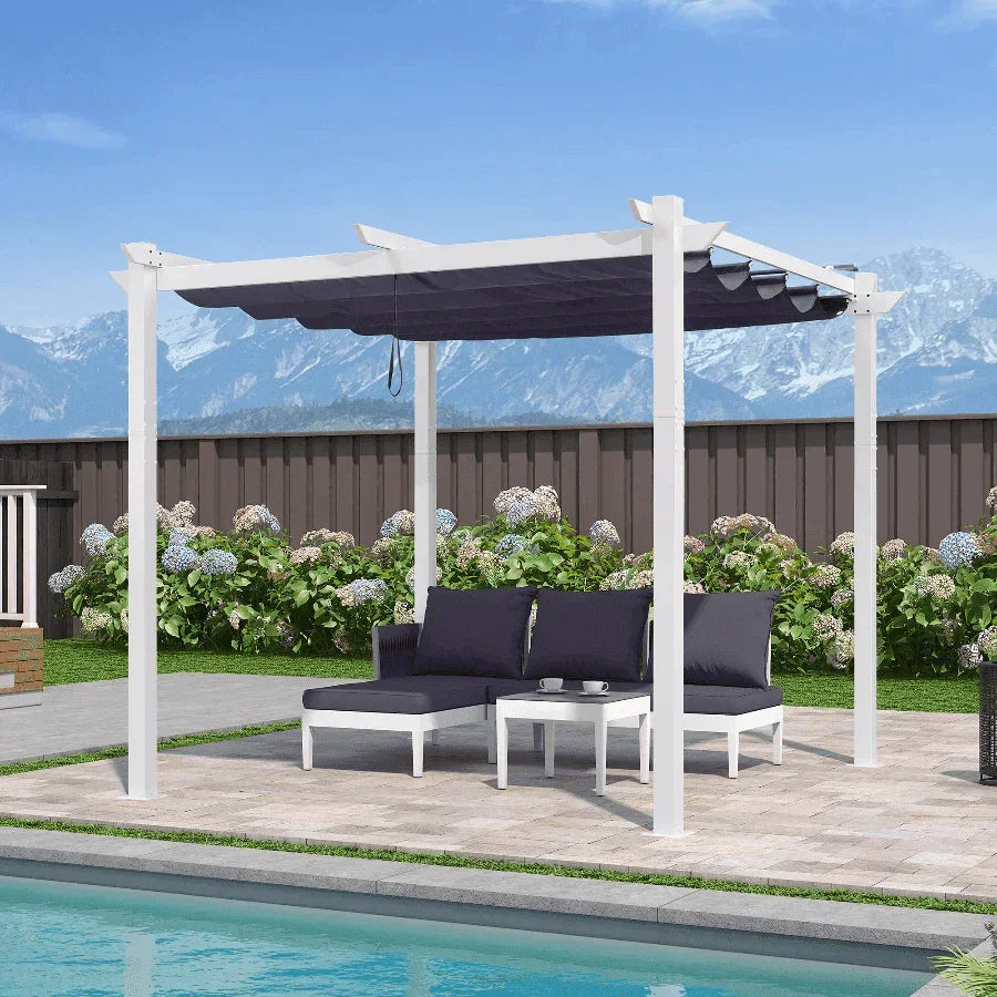 PURPLE LEAF Outdoor Retractable Pergola with Double Sun Shade Canopy White Heavy-Duty Aluminum Pergola Patio Modern Pergola With Curtains