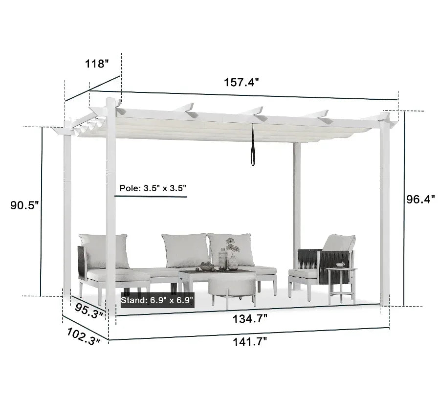 PURPLE LEAF Outdoor Retractable Pergola with Double Sun Shade Canopy White Heavy-Duty Aluminum Pergola Patio Modern Pergola With Curtains