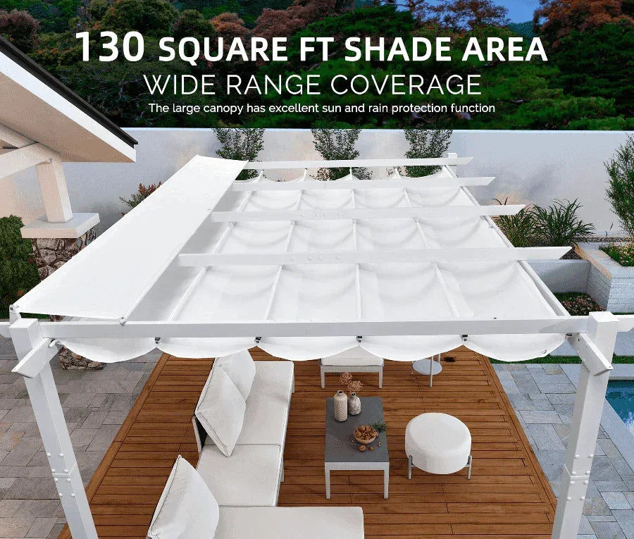 PURPLE LEAF Outdoor Retractable Pergola with Double Sun Shade Canopy White Heavy-Duty Aluminum Pergola Patio Modern Pergola With Curtains