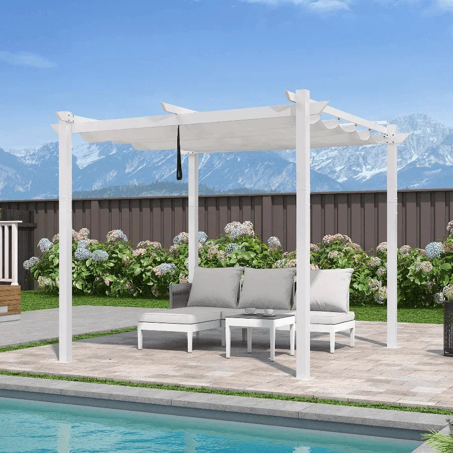 PURPLE LEAF Outdoor Retractable Pergola with Double Sun Shade Canopy White Heavy-Duty Aluminum Pergola Patio Modern Pergola With Curtains