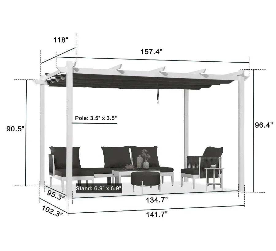 PURPLE LEAF Outdoor Retractable Pergola with Double Sun Shade Canopy White Heavy-Duty Aluminum Pergola Patio Modern Pergola With Curtains