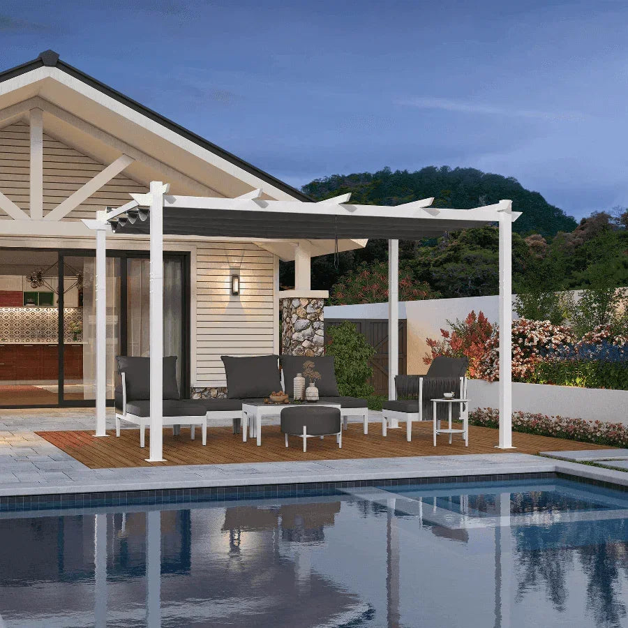 PURPLE LEAF Outdoor Retractable Pergola with Double Sun Shade Canopy White Heavy-Duty Aluminum Pergola Patio Modern Pergola With Curtains