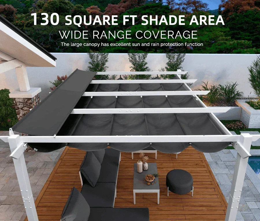 PURPLE LEAF Outdoor Retractable Pergola with Double Sun Shade Canopy White Heavy-Duty Aluminum Pergola Patio Modern Pergola With Curtains
