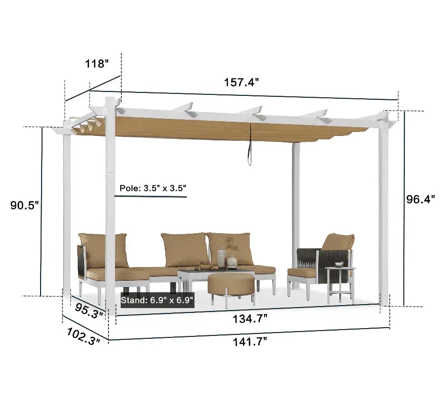 PURPLE LEAF Outdoor Retractable Pergola with Double Sun Shade Canopy White Heavy-Duty Aluminum Pergola Patio Modern Pergola With Curtains