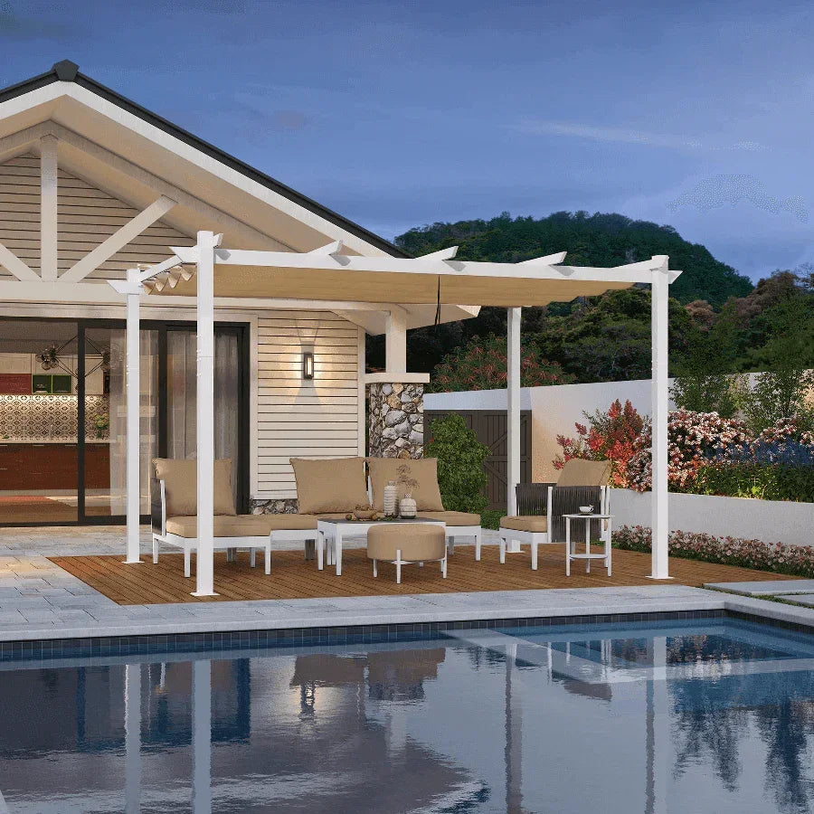 PURPLE LEAF Outdoor Retractable Pergola with Double Sun Shade Canopy White Heavy-Duty Aluminum Pergola Patio Modern Pergola With Curtains