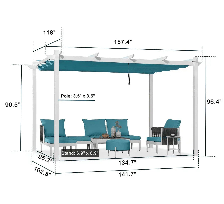PURPLE LEAF Outdoor Retractable Pergola with Double Sun Shade Canopy White Heavy-Duty Aluminum Pergola Patio Modern Pergola With Curtains