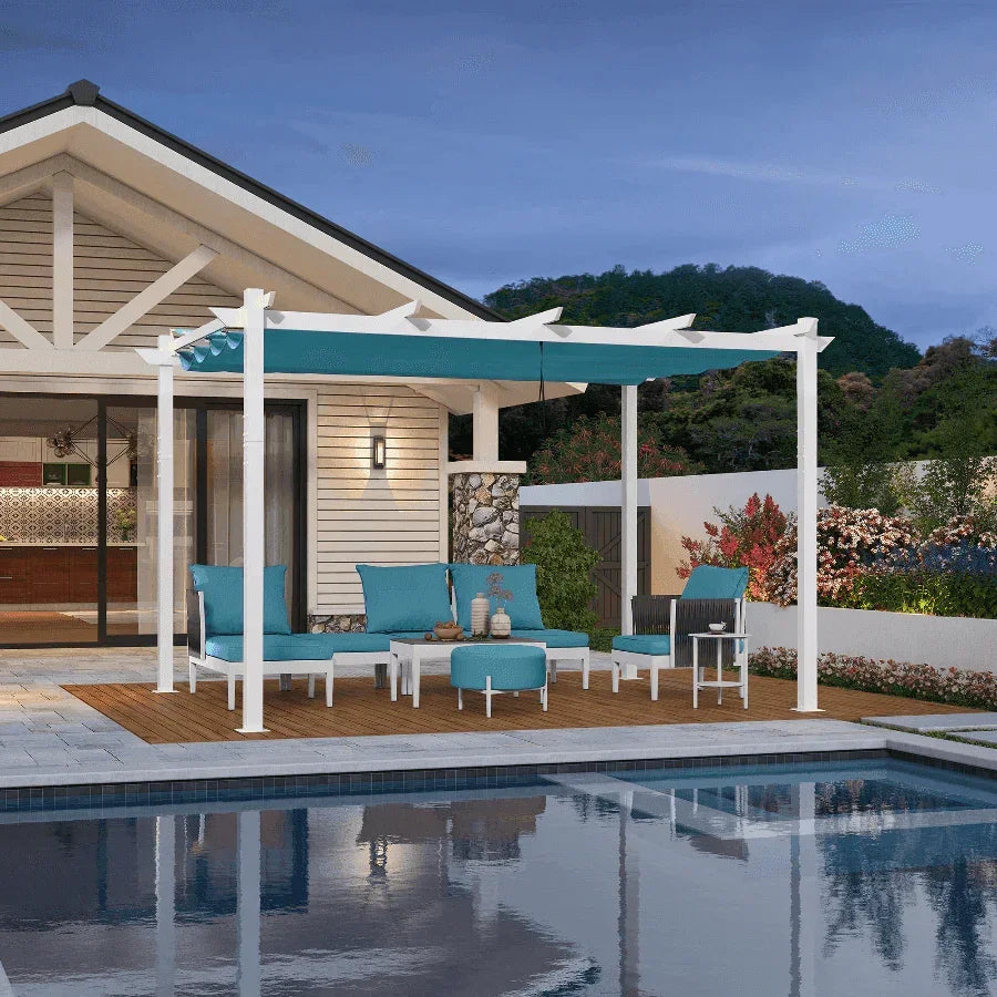 PURPLE LEAF Outdoor Retractable Pergola with Double Sun Shade Canopy White Heavy-Duty Aluminum Pergola Patio Modern Pergola With Curtains